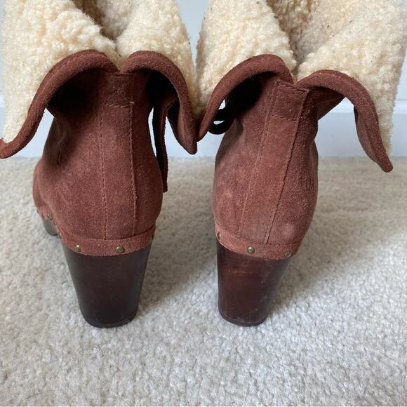 UGG Lynnea Chestnut Brown Suede Leather Shearling Wooden Heel Ankle Boots size 7 - Picture 9 of 11
